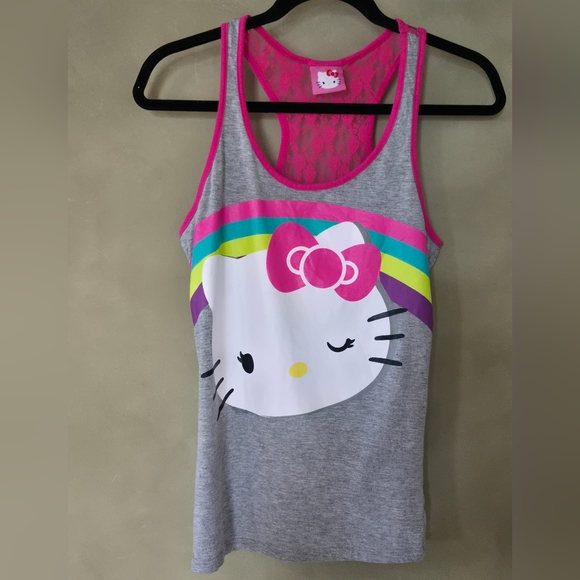 Sanrio Tops - Sanrio | Hello Kitty Heather Gray Racerback Tank with Hot Pink Lace Yoke, Size S